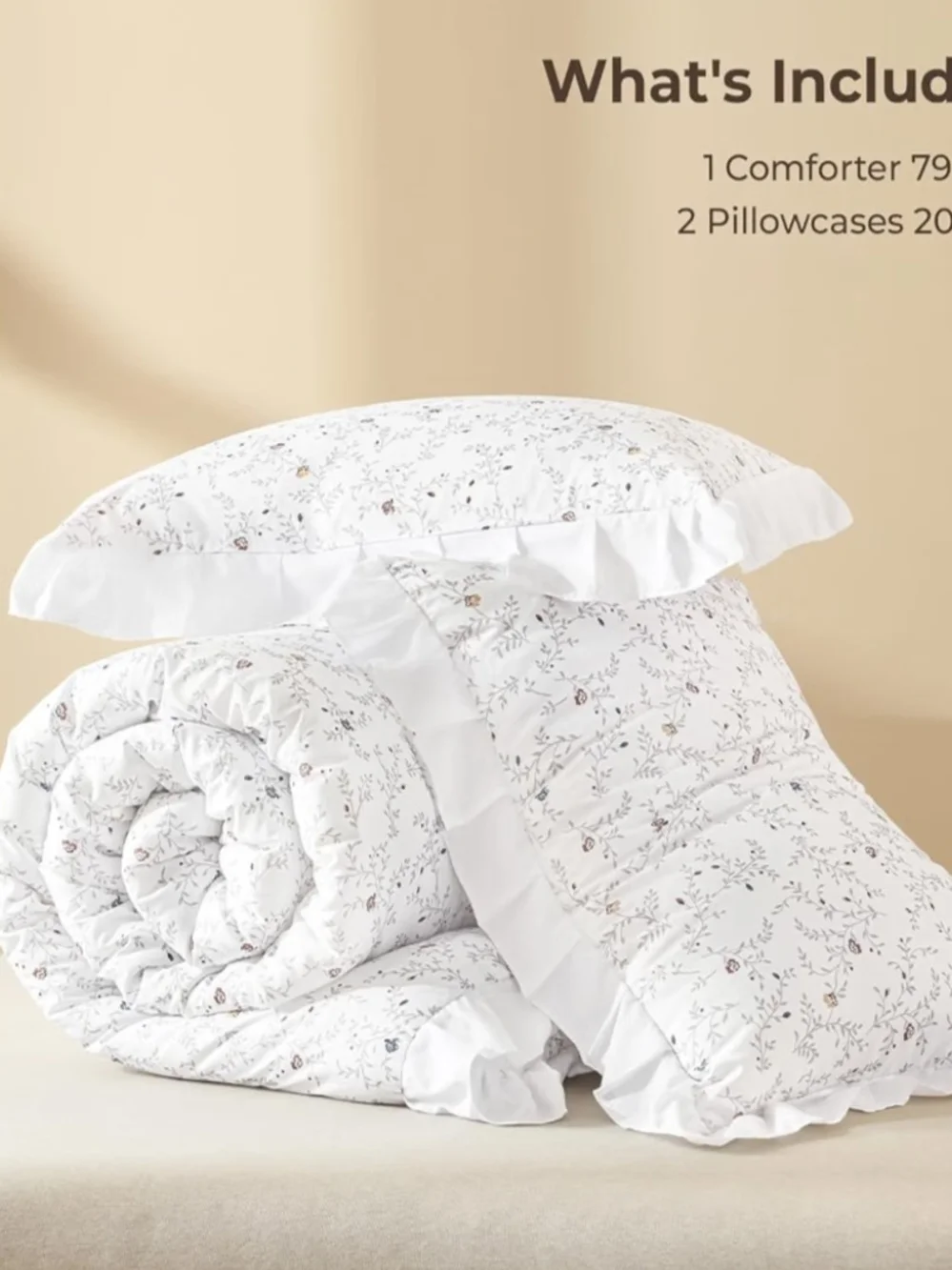 White Floral Ruffled Full Size Comforter Set  NIB